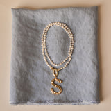 The Knotted Pearl Necklace with Golden Closure - Long (optional Letter Pendant)